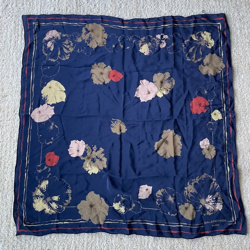 Vintage Balenciaga Chic Floral Silk Scarf 29"x29" Navy Pink Gold French Designer